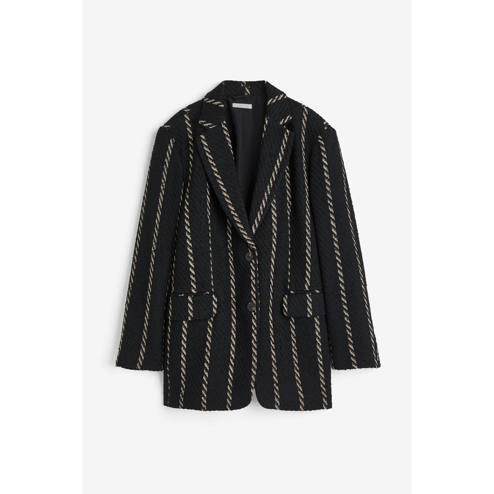 H&M Black Tan Striped Wool Blend Oversized Contemporary Minimalist Blazer Size L